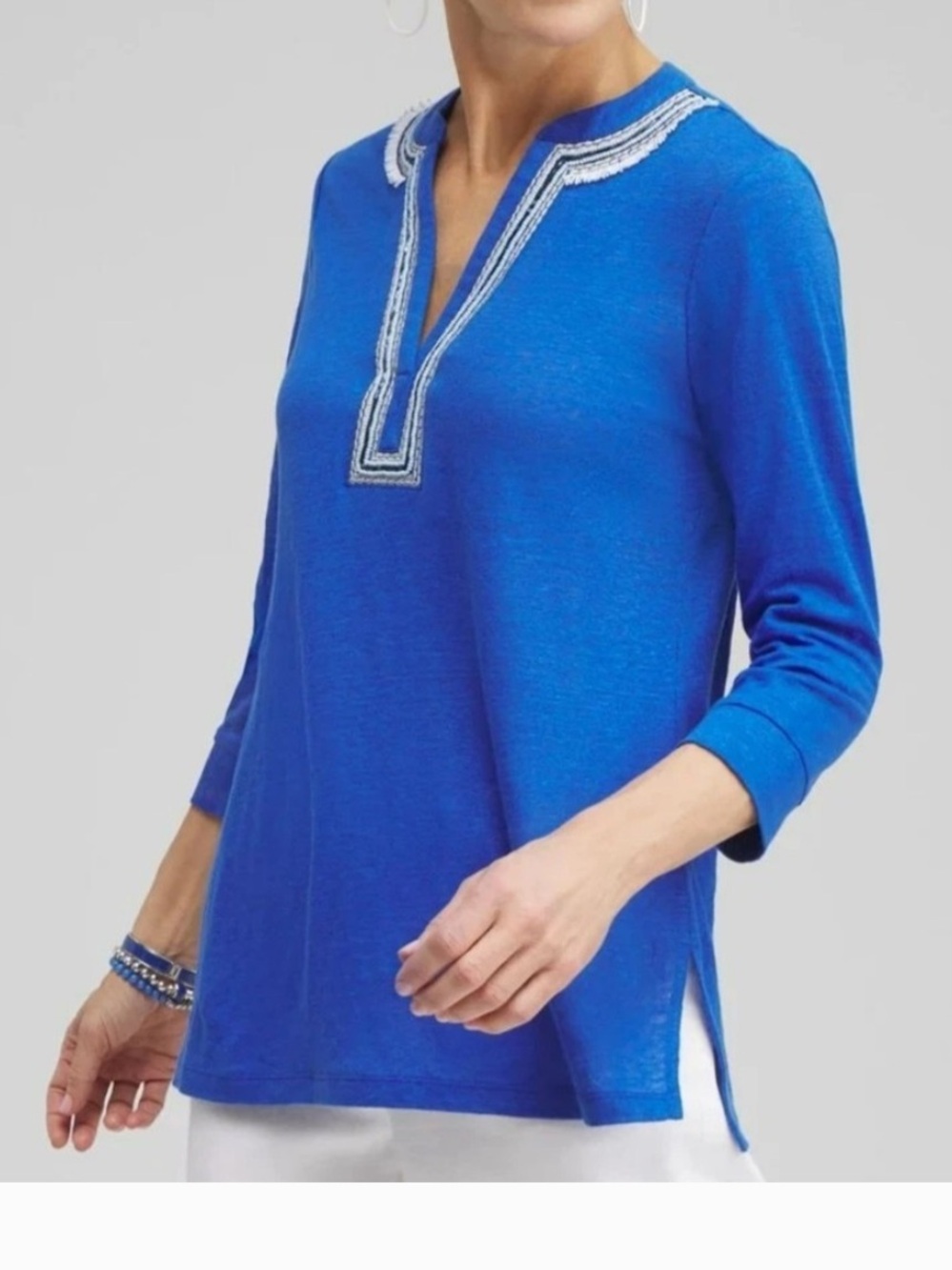 Chico's Linen Cobalt Blue Beaded Embroidered Notch Neck 3/4 sleeve tunic top XL